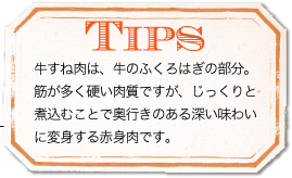 TIPS 牛すね肉は、牛のふくろはぎの部分。筋が多く硬い肉質ですが、じっくりと煮込むことで奥行きのある深い味わいに変身する赤身肉です。