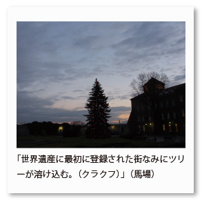 「世界遺産に最初に登録された街なみにツリ ーが溶け込む。（クラクフ）」（馬場）